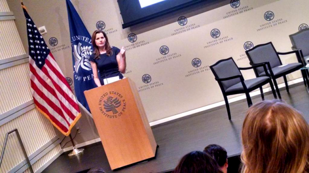 Actor and Founder of the Geena Davis Institute on Gender in Media, Geena Davis, addresses the crowd at the 2nd Annual Global Symposium on Gender in Media at the United States Institute for Peace in Washington, DC.
