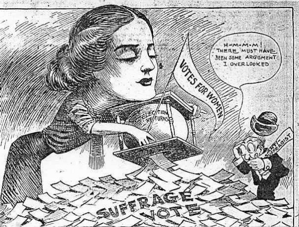 From today's Los Angeles Express, showing an anti-suffragist being overwhelmed by California's pro-suffrage vote and exclaiming "H-m-m-m. There must have been some argument I overlooked."