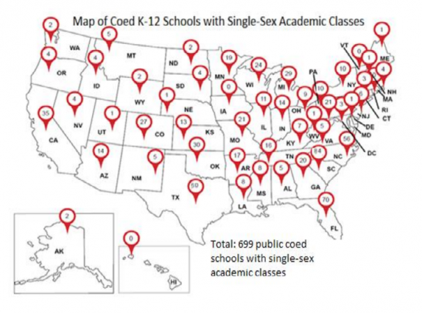 Map of Coed K-12 Schools with Single-Sex Academic Classes